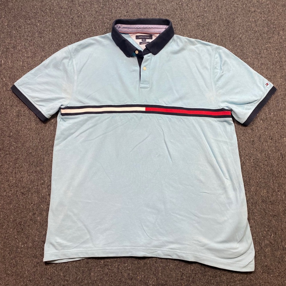 Tommy Hilfiger Polo Shirt Sz XXL Mens Blue Preppy Chest Stripe Custom Fit Top